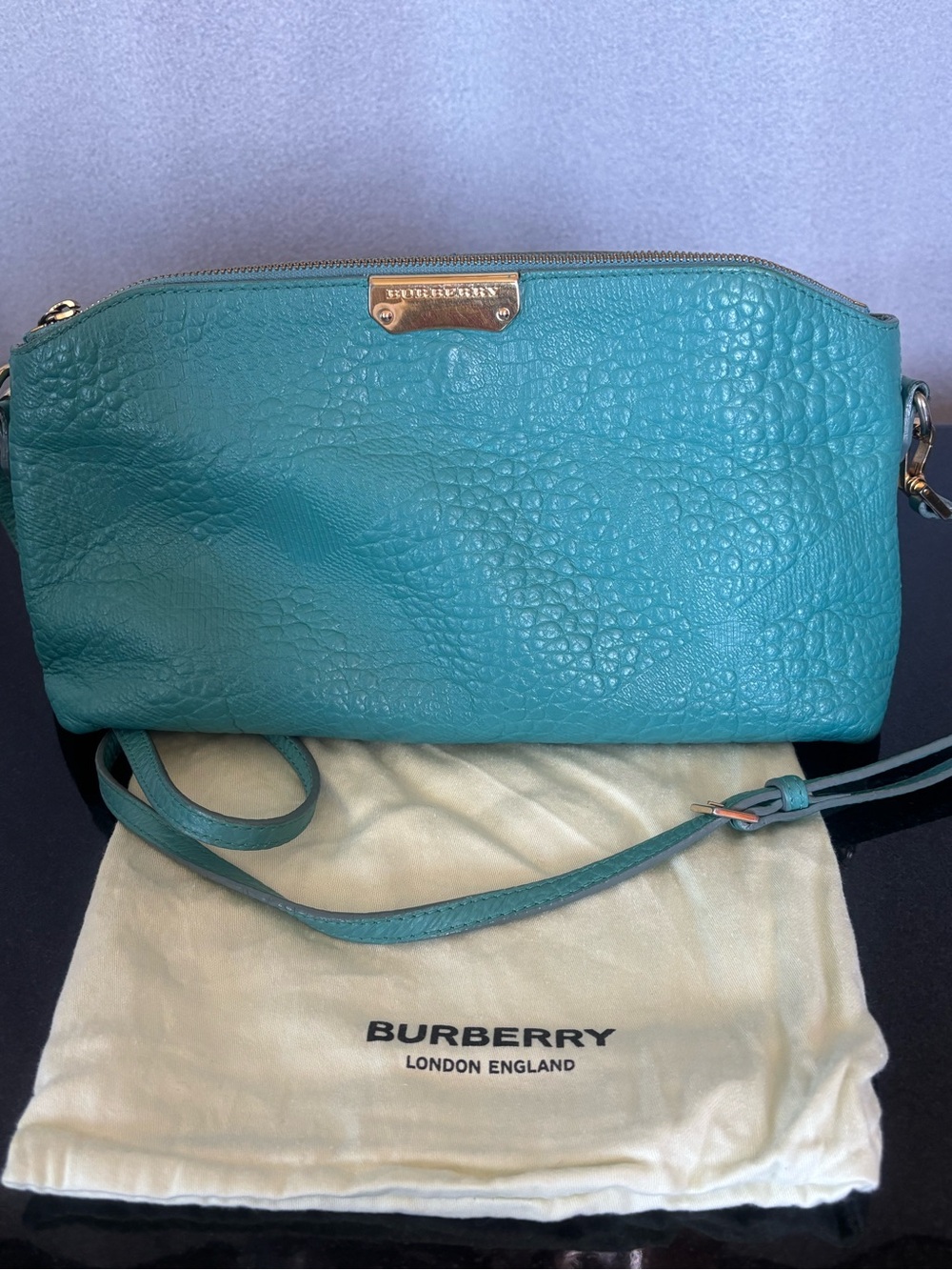 Authentic Burberry Signature Grain Embossed Leather Crossbody- Teal Grayish Blue